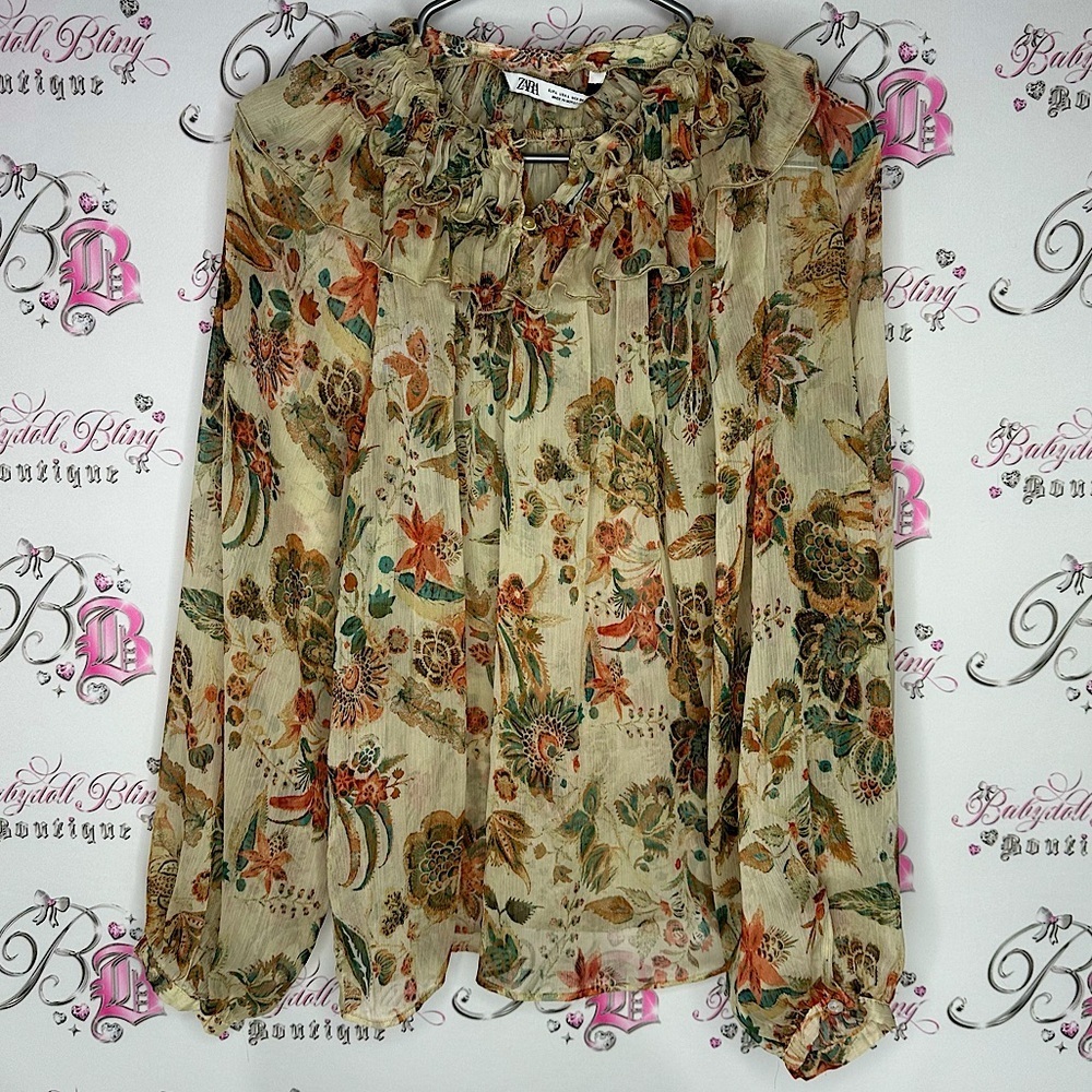 Zara blouse floral button up front mesh flowers leaf’s tan brown orange blue